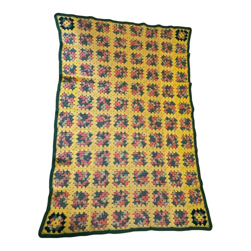 Colorful Crochet Granny Square Blanket- Yellow & Green 38X58 Like New